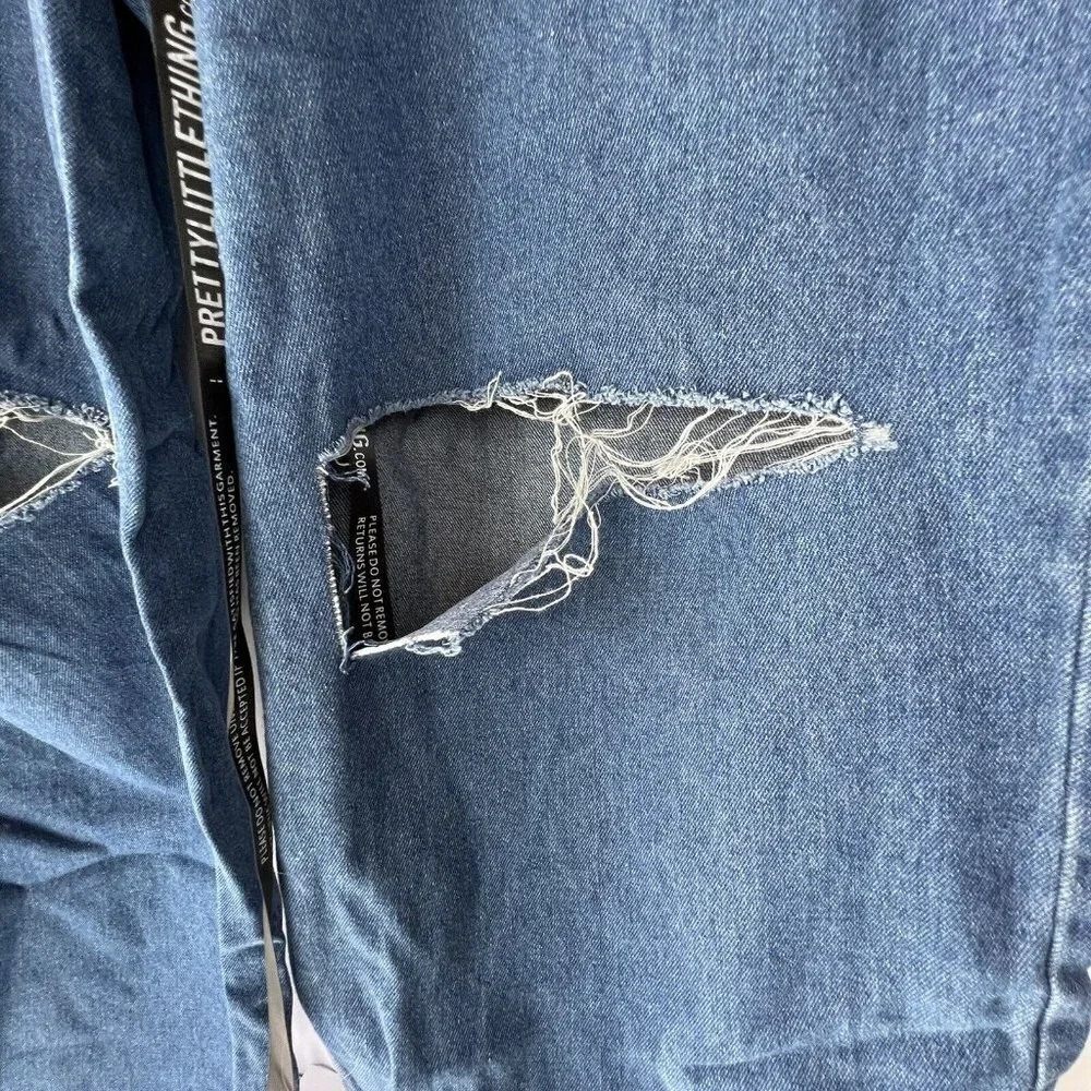 Pretty Little Thing Jeans Womens Plus Blue Distressed Knee Rip Raw Hem 20UK - Picture 7 of 14